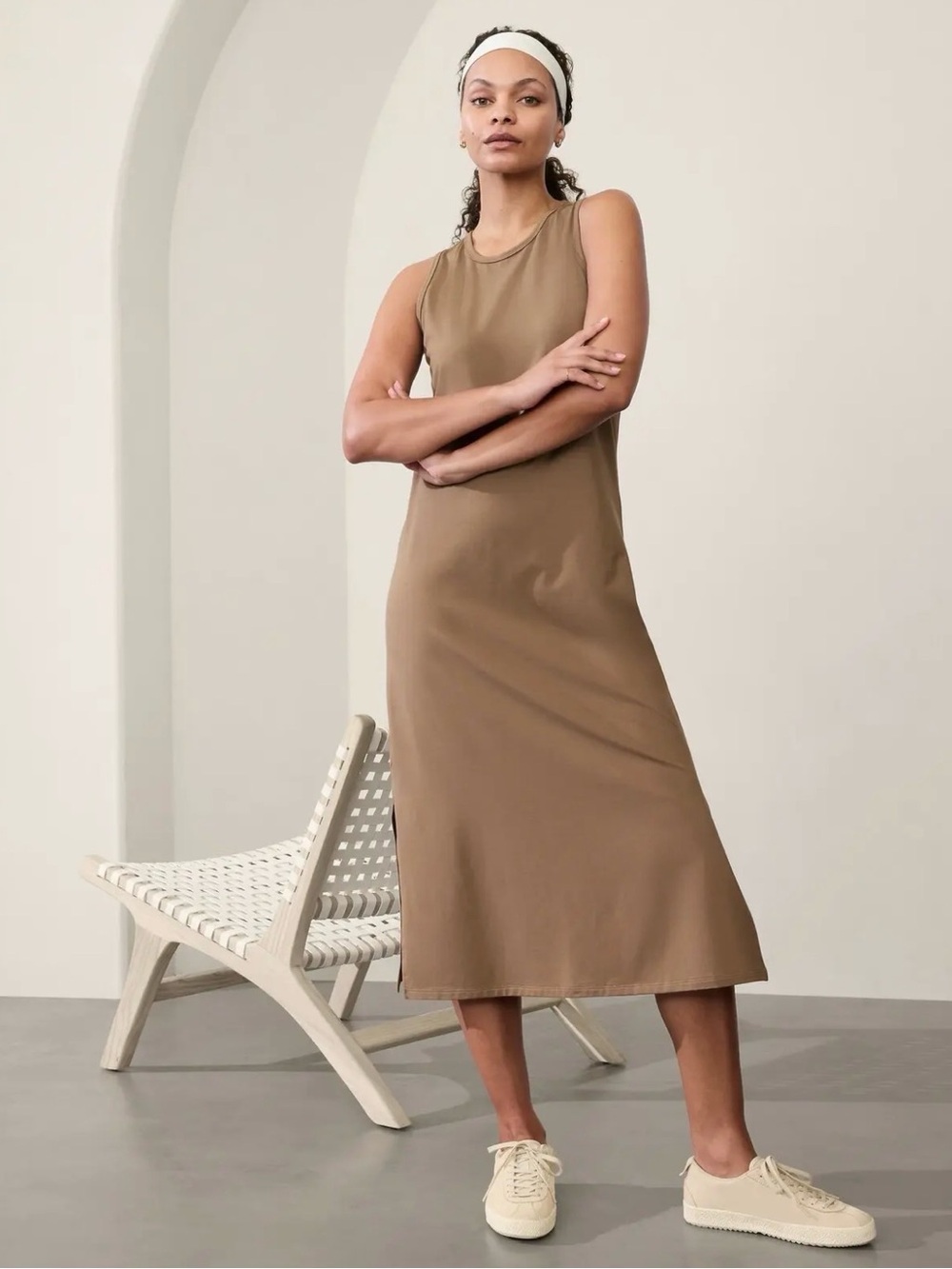 Athleta Essential Sleeveless Midi Tank Dress in Taupe Brown
